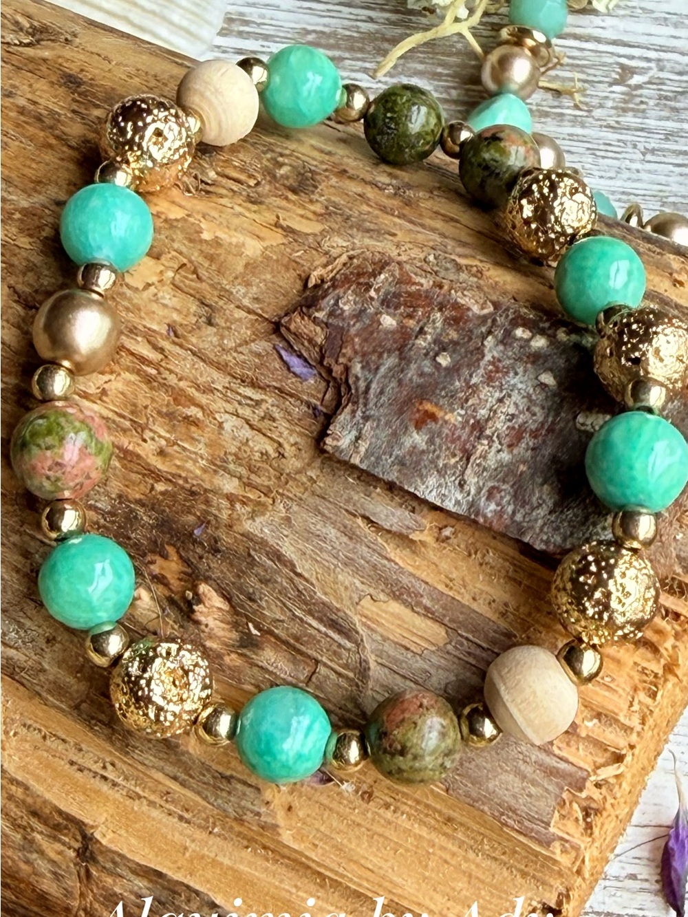 Amazonite and unakite & Gold Beaded Women's Bracelet